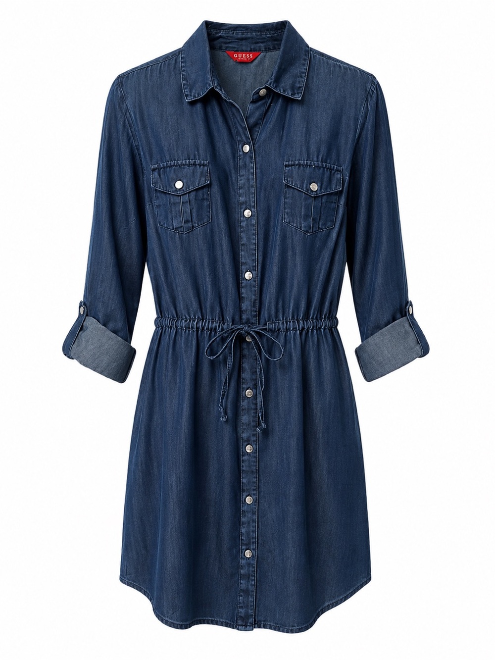 GUESS Navy Blue Denim Shirt Dress with Drawstring - Picture 2 of 5